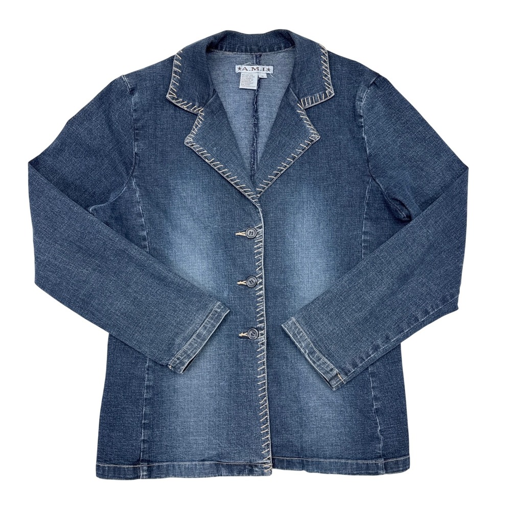 Vintage Denim Jacket Womens Size Medium AMI‎ Western Stitch Trim Cowgirl Blazer
